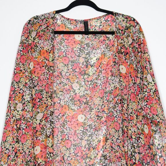 Lane Bryant Womens Kimono One Size Pink Orange Floral Coverup Vacation Feminine - Picture 7 of 7